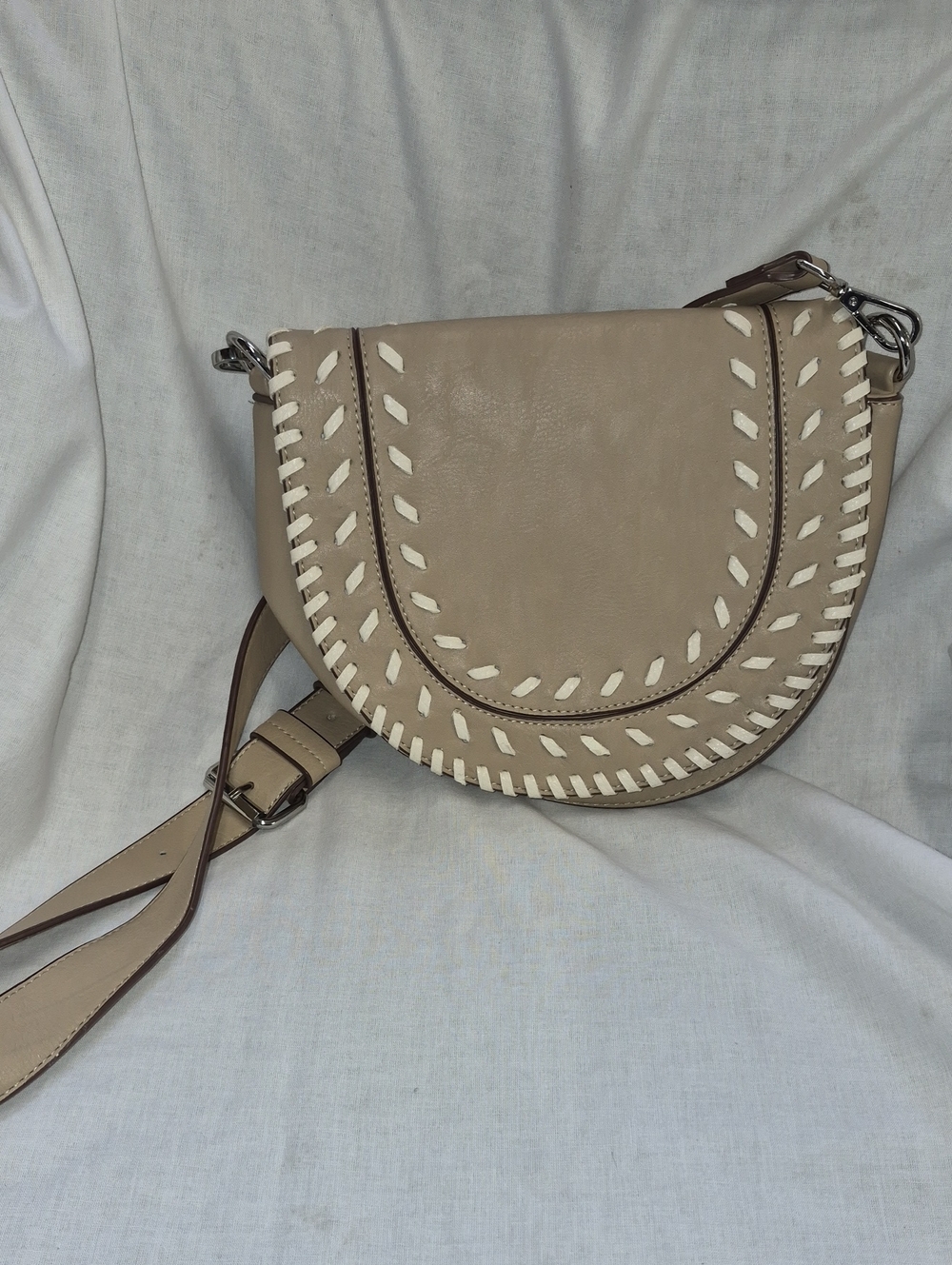 Charming Charlie Beige/Tan Whipstitch Crossbody Saddle Bag